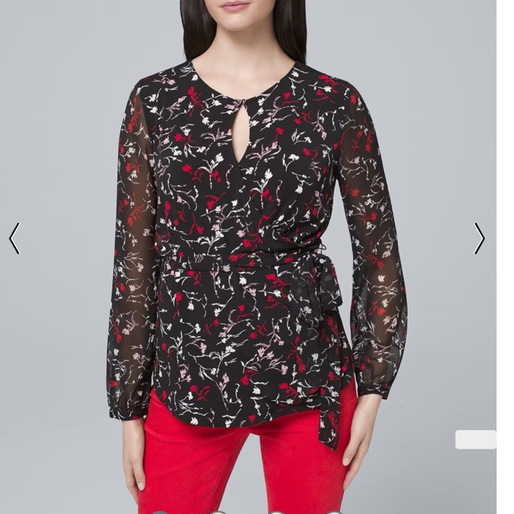 White House Black Market Woven-Sleeve Tie-Waist Floral Top Size XSmall